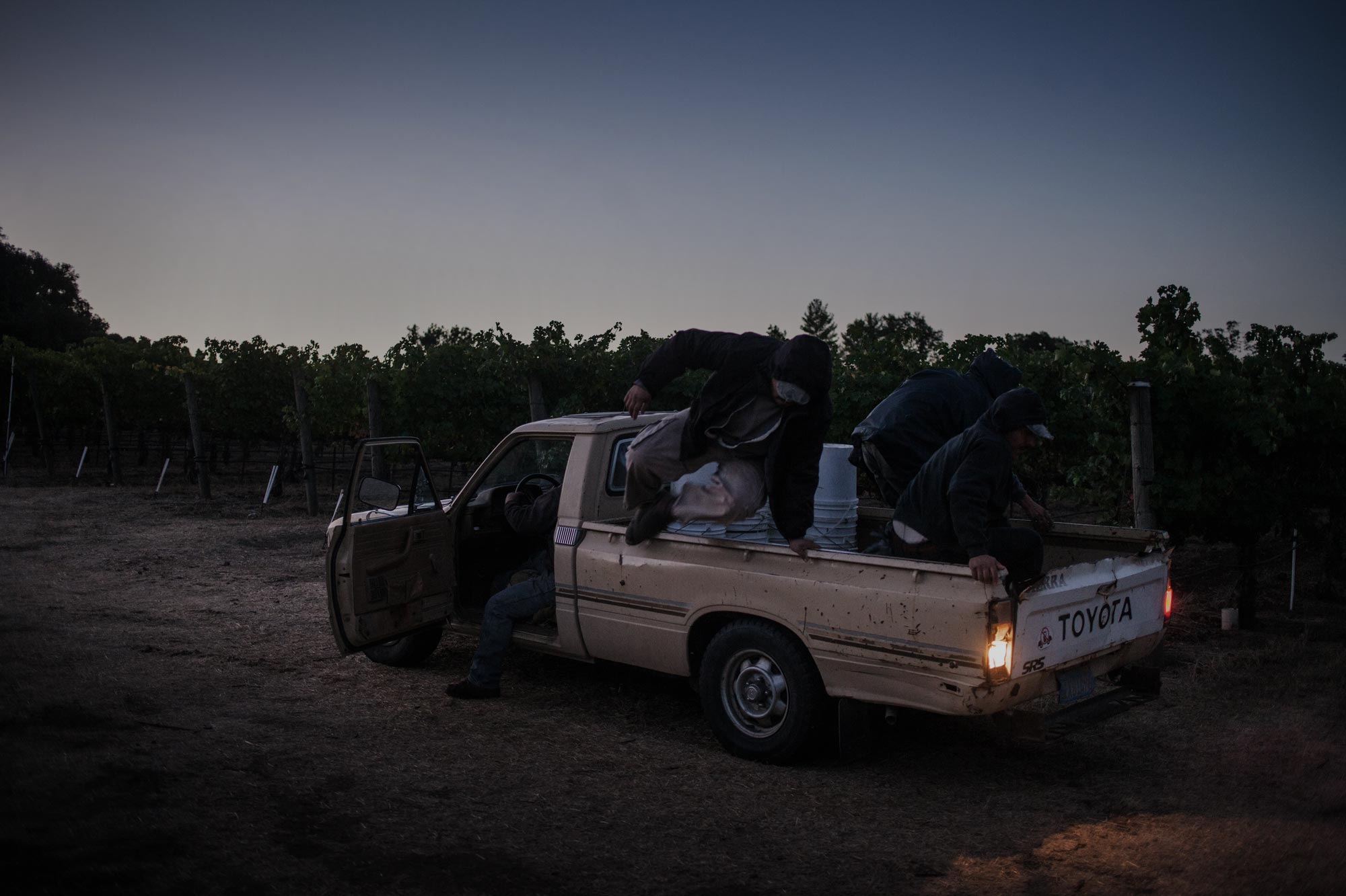 jumping out of a truck at dawn